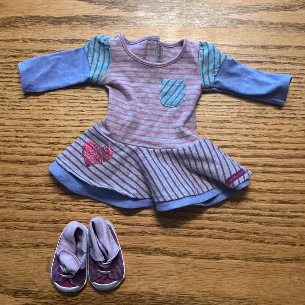 American Girl Doll Striped Knit Dress and Purple Heart Sneakers Outfit Set